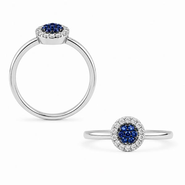 14 karátos fehér arany briliáns gyűrű. Tisztasága és színe a nemzetközi besorolás szerint: vs,g, nagysága 0,18ct, a zafír kő 0,10ct.