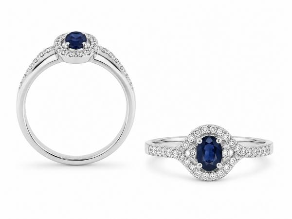 14 karátos fehér arany briliáns gyűrű. Tisztasága és színe a nemzetközi besorolás szerint: vs,g, nagysága 0,14ct, a zafír kő 0,47ct.