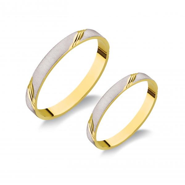 Kétszínű, sárga, fehér. Gépi vésett. Felülete  matt. A fehér nincs rhodiummal bevonva.
Belül sima, kívül finoman hajlított /domború/ .