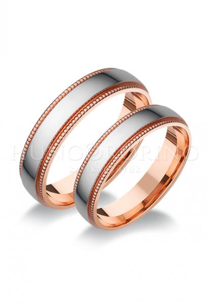 Különleges öntési eljárással, forrasztás nélkül készül! Választható egy színből: fehér, sárga, vörös, és ezekből tetszés szerint két szín. Felülete matt és fényes. Kívül, belül finoman hajlított (domború). A gyűrűk szélessége 5 mm.
Átlag súly (egy párra értendő) 9,0 gr.