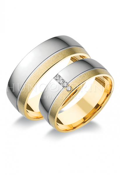 Különleges öntési eljárással, forrasztás nélkül készül! Választható egy színből: fehér, sárga, vörös, vagy ezekből tetszés szerint két szín. Felülete fele matt és fele fényes. Tetszés szerinti kövezéssel (cirkónia vagy brill). Kívül, belül finoman hajlított (domború). A gyűrűk szélessége 7 mm.
Átlag súly (egy párra értendő) 12,5 gr.